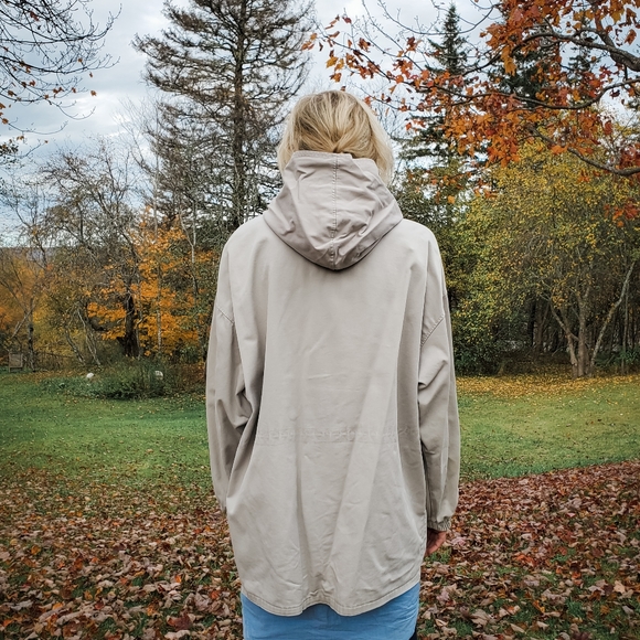 VINTAGE Raggs Oversized Beige Hooded Dolman Jacket with Red Plaid Accent - Picture 2 of 6